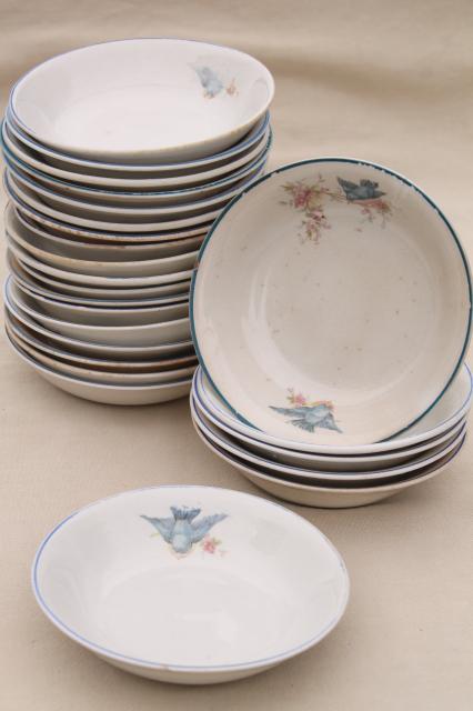 photo of shabby antique bluebird china berry bowls, mismatched vintage china w/ blue birds #7