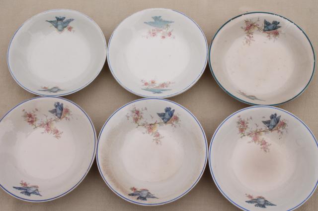 photo of shabby antique bluebird china berry bowls, mismatched vintage china w/ blue birds #8