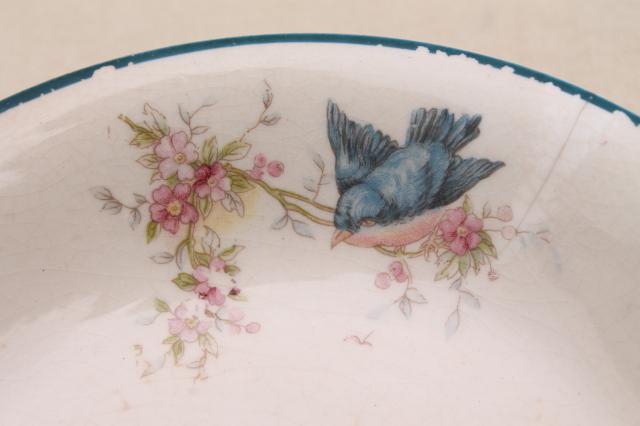 photo of shabby antique bluebird china berry bowls, mismatched vintage china w/ blue birds #9