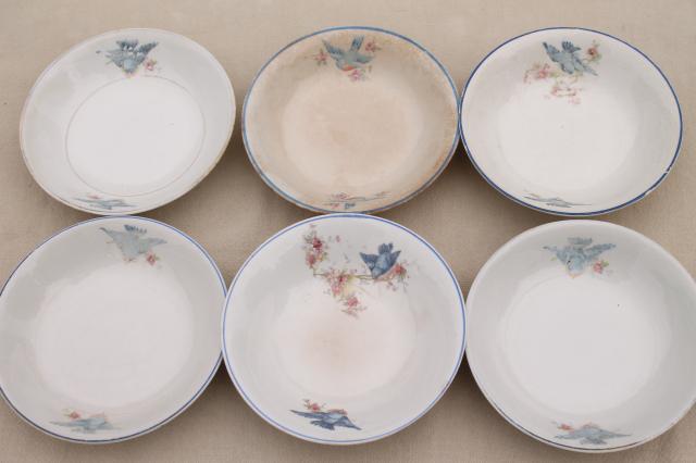 photo of shabby antique bluebird china berry bowls, mismatched vintage china w/ blue birds #11