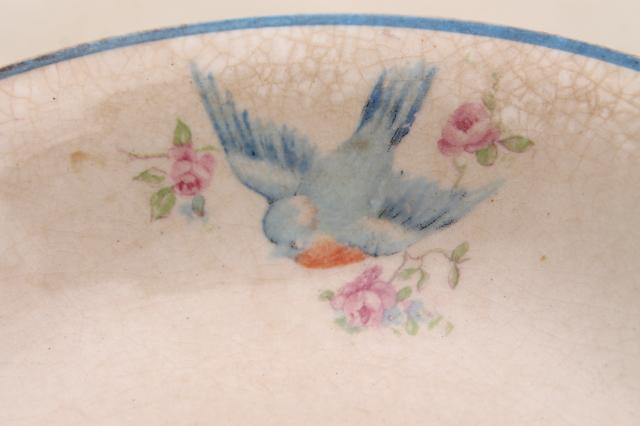 photo of shabby antique bluebird china berry bowls, mismatched vintage china w/ blue birds #12