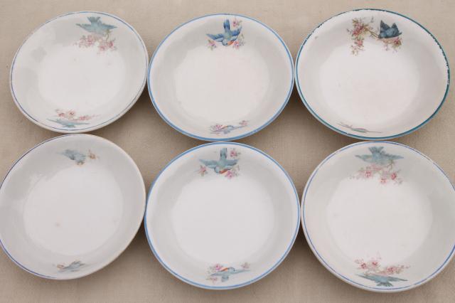 photo of shabby antique bluebird china berry bowls, mismatched vintage china w/ blue birds #14