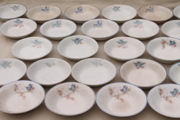 catalog photo of shabby antique bluebird china berry bowls, mismatched vintage china w/ blue birds