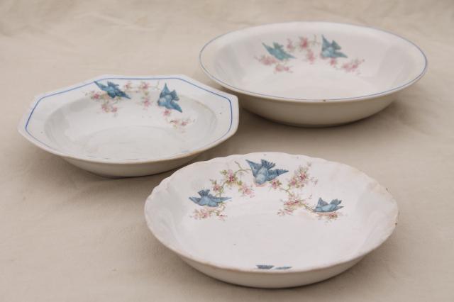 photo of shabby antique bluebird china bowls, mismatched vintage china w/ blue birds #7