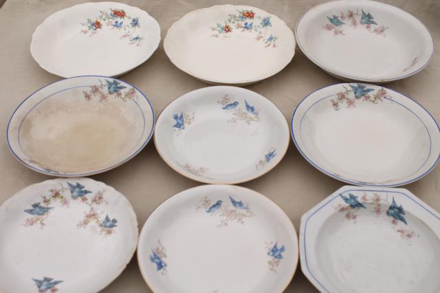 photo of shabby antique bluebird china bowls, mismatched vintage china w/ blue birds #12