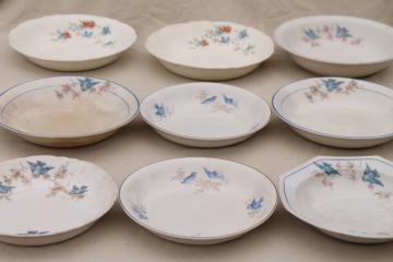 catalog photo of shabby antique bluebird china bowls, mismatched vintage china w/ blue birds