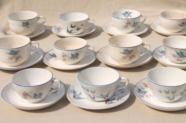 photo of shabby antique bluebird china cups & saucers, mismatched vintage china w/ blue birds #1