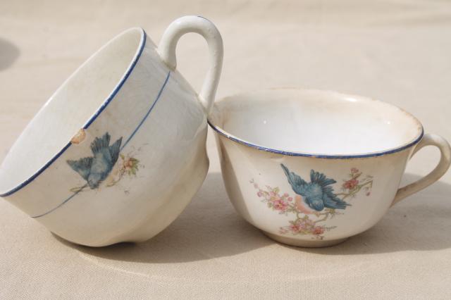 photo of shabby antique bluebird china cups & saucers, mismatched vintage china w/ blue birds #2