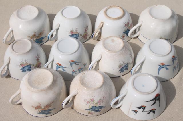 photo of shabby antique bluebird china cups & saucers, mismatched vintage china w/ blue birds #4