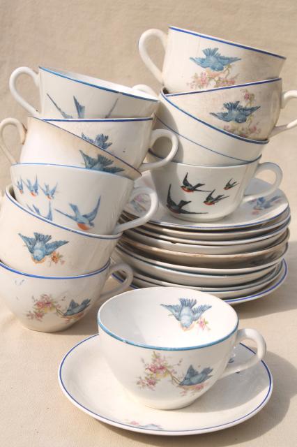 photo of shabby antique bluebird china cups & saucers, mismatched vintage china w/ blue birds #5