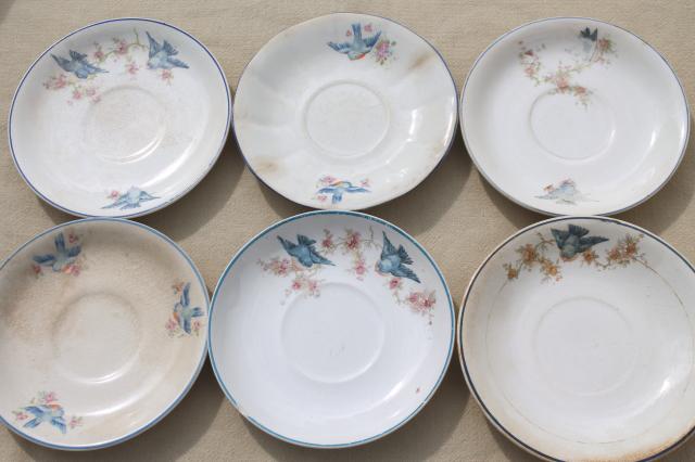 photo of shabby antique bluebird china cups & saucers, mismatched vintage china w/ blue birds #6