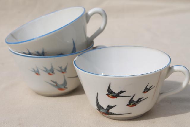 photo of shabby antique bluebird china cups & saucers, mismatched vintage china w/ blue birds #9