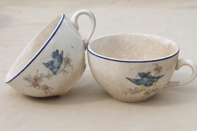 photo of shabby antique bluebird china cups & saucers, mismatched vintage china w/ blue birds #11