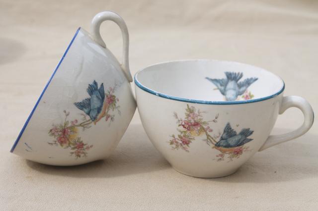 photo of shabby antique bluebird china cups & saucers, mismatched vintage china w/ blue birds #12