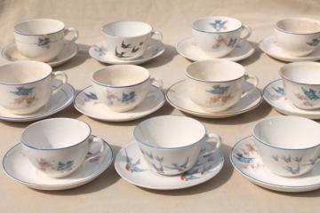 catalog photo of shabby antique bluebird china cups & saucers, mismatched vintage china w/ blue birds