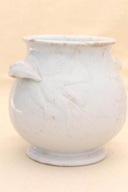 photo of shabby antique browned china pot or vase, embossed corn pattern white ironstone 1800s vintage #1