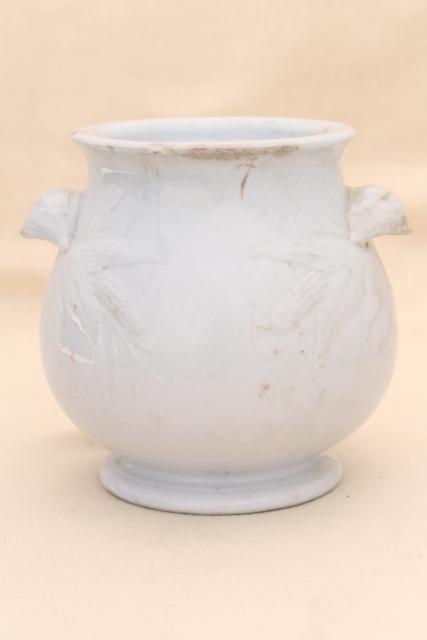 photo of shabby antique browned china pot or vase, embossed corn pattern white ironstone 1800s vintage #2