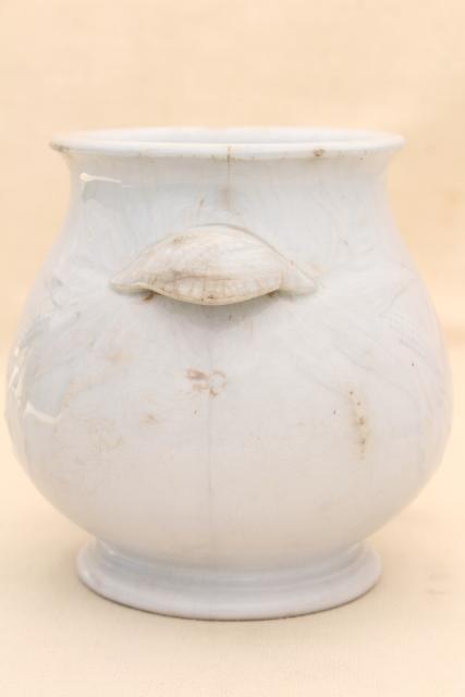 photo of shabby antique browned china pot or vase, embossed corn pattern white ironstone 1800s vintage #3