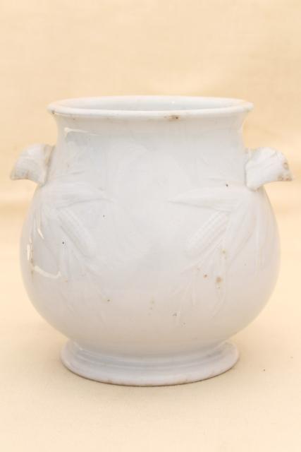 photo of shabby antique browned china pot or vase, embossed corn pattern white ironstone 1800s vintage #4