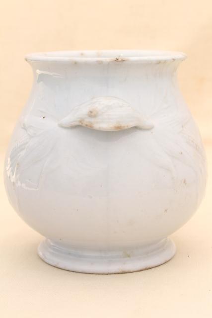 photo of shabby antique browned china pot or vase, embossed corn pattern white ironstone 1800s vintage #5