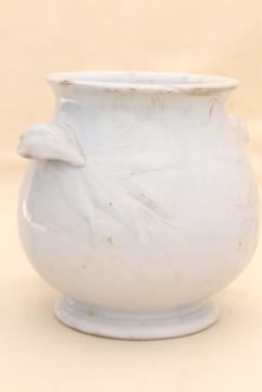 catalog photo of shabby antique browned china pot or vase, embossed corn pattern white ironstone 1800s vintage