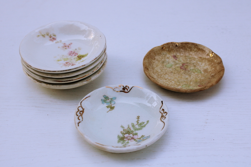 photo of shabby antique china butter pat plates, browned stained ironstone, vintage florals #6