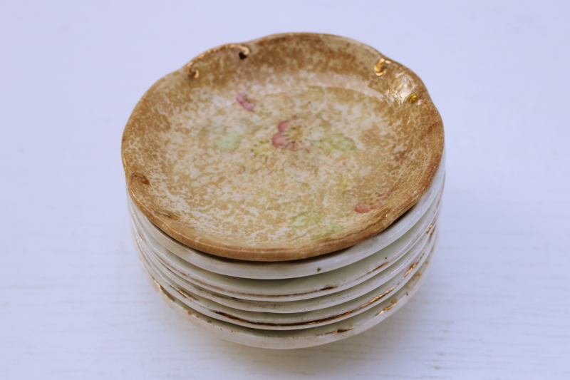 photo of shabby antique china butter pat plates, browned stained ironstone, vintage florals #7