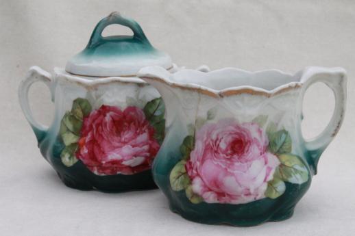 photo of shabby antique china cream & sugar set w/ pink on green cabbage rose floral #1