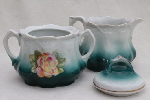 photo of shabby antique china cream & sugar set w/ pink on green cabbage rose floral #4