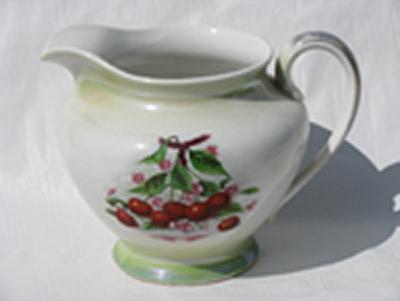 photo of shabby antique china pitcher w/ cherries, early century vintage #1