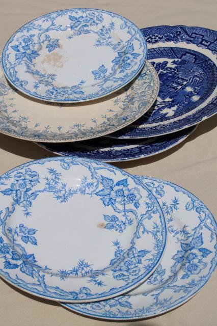 photo of shabby antique china plates, old blue & white transferware, willow, apple blossom pattern #1