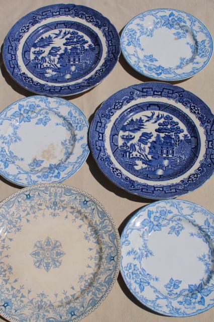 photo of shabby antique china plates, old blue & white transferware, willow, apple blossom pattern #8