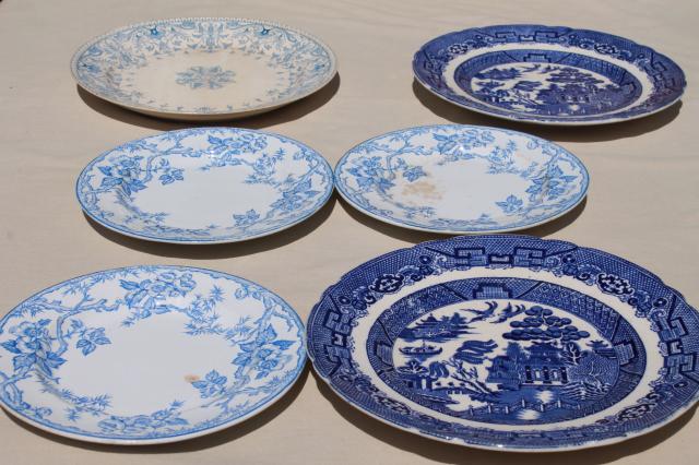 photo of shabby antique china plates, old blue & white transferware, willow, apple blossom pattern #9