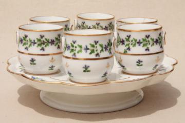 catalog photo of shabby antique china pots de creme or egg coddler cups, painted porcelain cups & tray