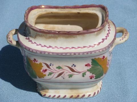 photo of shabby antique copper luster china cube sugar bowl, mid 19th century #1