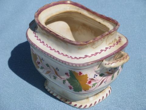 photo of shabby antique copper luster china cube sugar bowl, mid 19th century #2