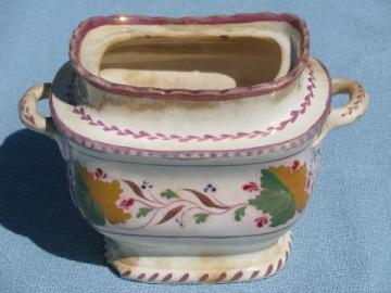 catalog photo of shabby antique copper luster china cube sugar bowl, mid 19th century