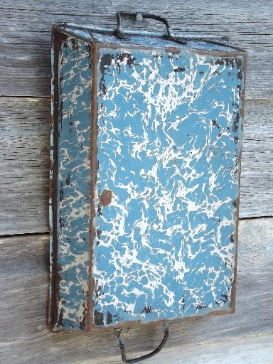 photo of shabby antique enamelware tray pan w/ two handles, blue and white swirl #1