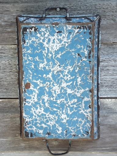 photo of shabby antique enamelware tray pan w/ two handles, blue and white swirl #2