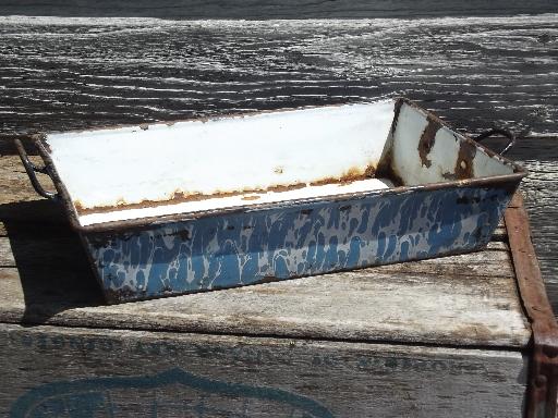 photo of shabby antique enamelware tray pan w/ two handles, blue and white swirl #3