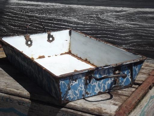 photo of shabby antique enamelware tray pan w/ two handles, blue and white swirl #4