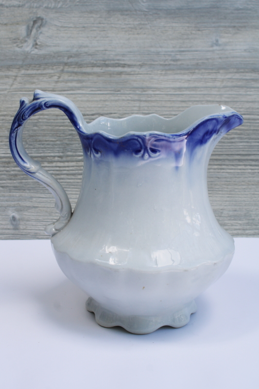 photo of shabby antique flow blue & white china pitcher, H R Wyllie West Virginia pottery  #1