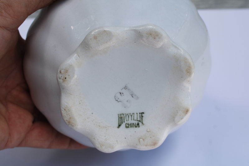 photo of shabby antique flow blue & white china pitcher, H R Wyllie West Virginia pottery  #2