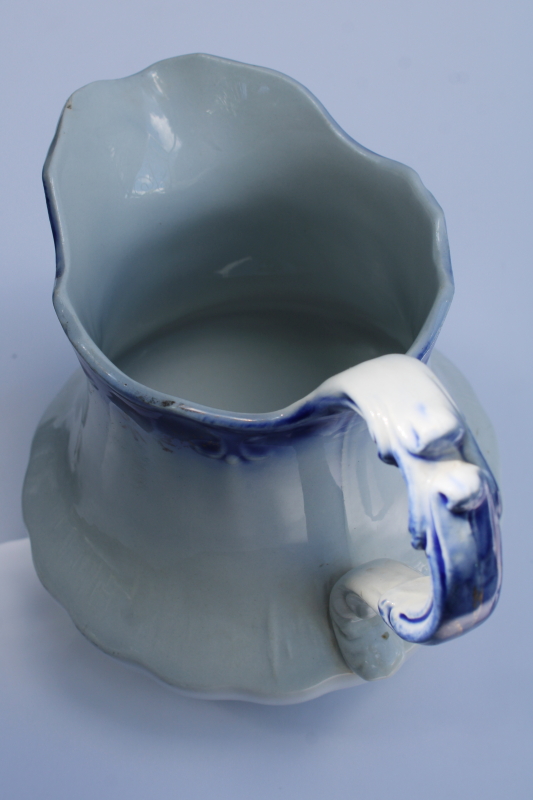 photo of shabby antique flow blue & white china pitcher, H R Wyllie West Virginia pottery  #3