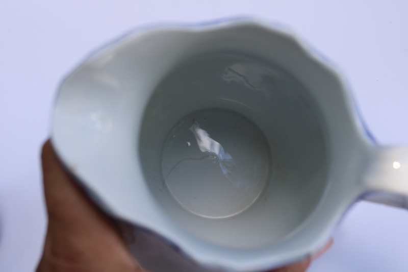 photo of shabby antique flow blue & white china pitcher, H R Wyllie West Virginia pottery  #4