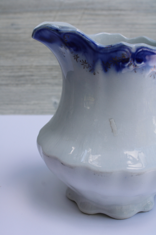 photo of shabby antique flow blue & white china pitcher, H R Wyllie West Virginia pottery  #5