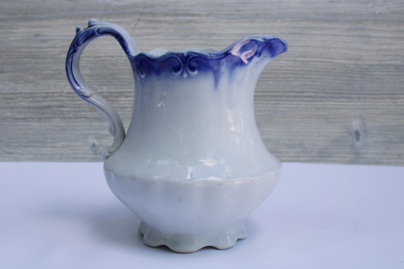 photo of shabby antique flow blue & white china pitcher, H R Wyllie West Virginia pottery  #6