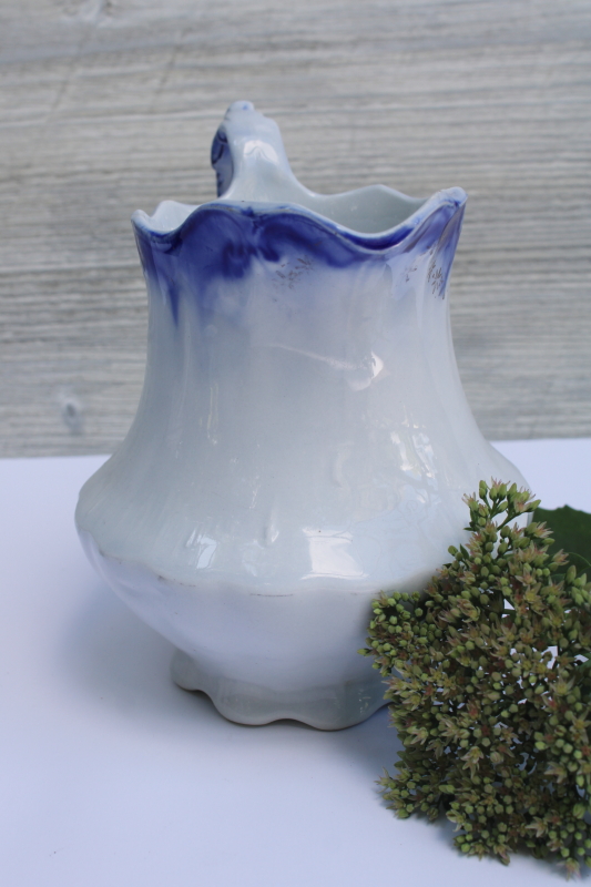 photo of shabby antique flow blue & white china pitcher, H R Wyllie West Virginia pottery  #7