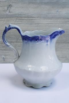 catalog photo of shabby antique flow blue & white china pitcher, H R Wyllie West Virginia pottery 