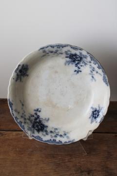 catalog photo of shabby antique flow blue china bowl, Victorian era ironstone Cliff England Hudson pattern 